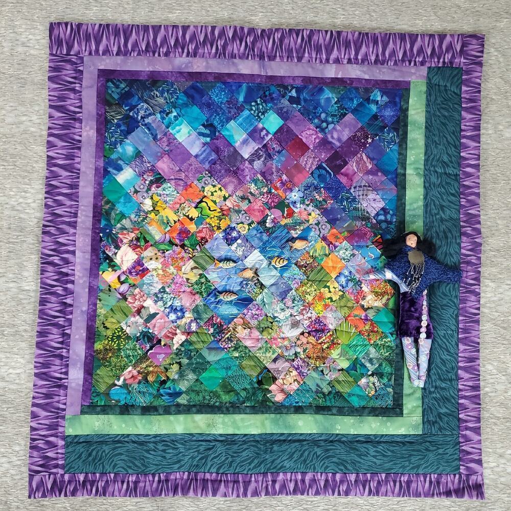 Beautiful 34.5" x 36" Quilted Art Wall Hanging signed by Artist - Joyful Retreat